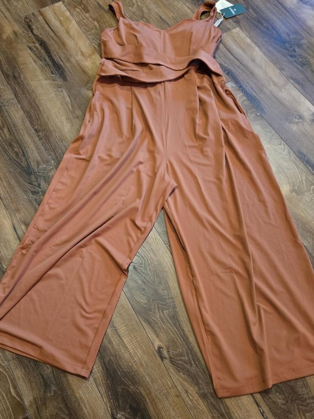 Halara Women's Wide Leg Jumpsuit V Neck Sleeves Front Pockets Size XL Terracotta
